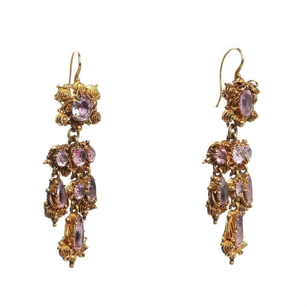 19th Century gold cannetille pink topaz earrings, 18k gold. Dramatic look and light in weight. Circa 1830. 2.8