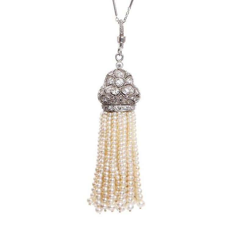 Art Deco Pearl and Diamond Sautoir Tassel Necklace For Sale at 1stDibs