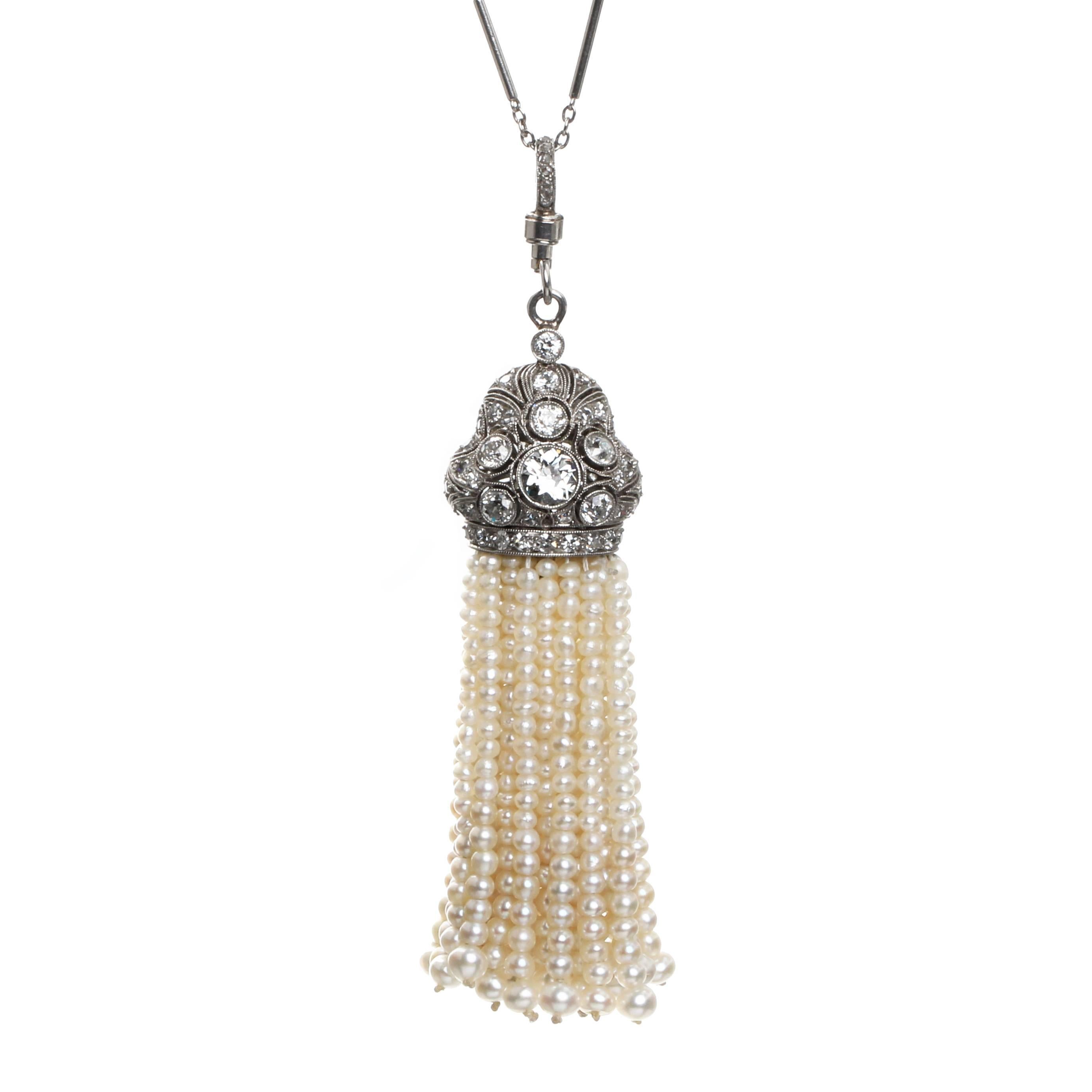 Art Deco Pearl and Diamond Sautoir Tassel Necklace For Sale