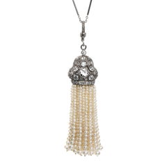 Antique Art Deco Pearl and Diamond Sautoir Tassel Necklace