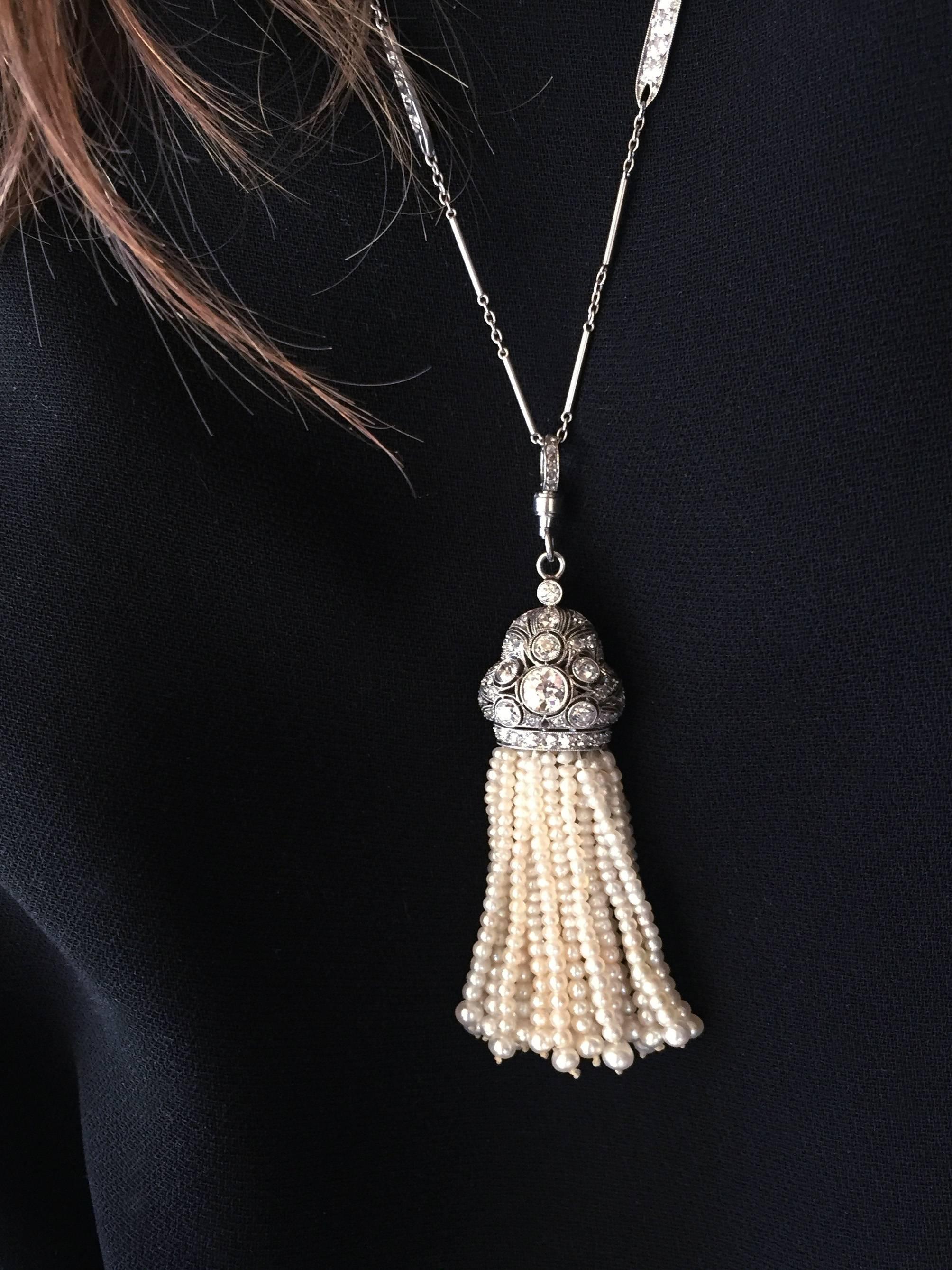 Women's Art Deco Pearl and Diamond Sautoir Tassel Necklace For Sale