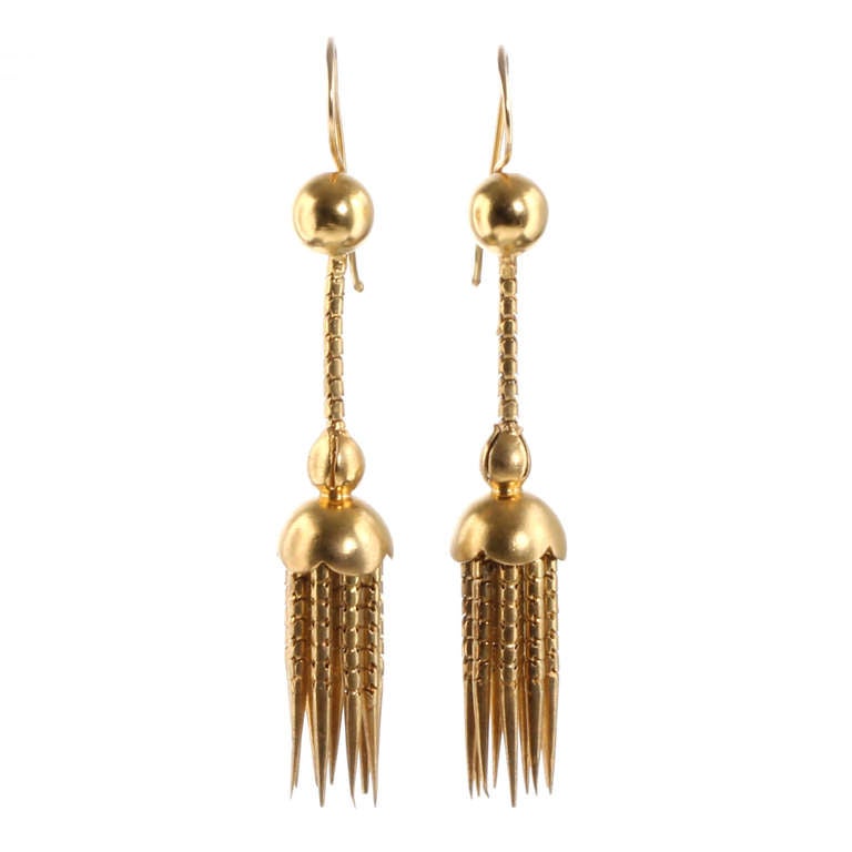 Victorian Era gold earrings. Dripping with sharp dagger tassels in 18k gold. Light in weight and very wearable. They measure 2