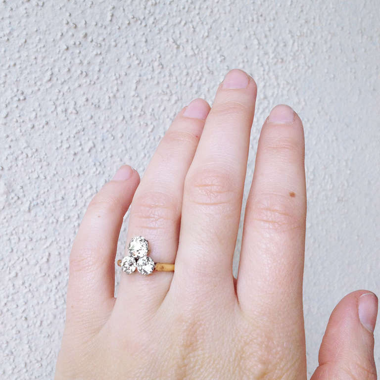 Edwardian Old Mind Cut Three-Stone Diamond Trefoil Ring 1