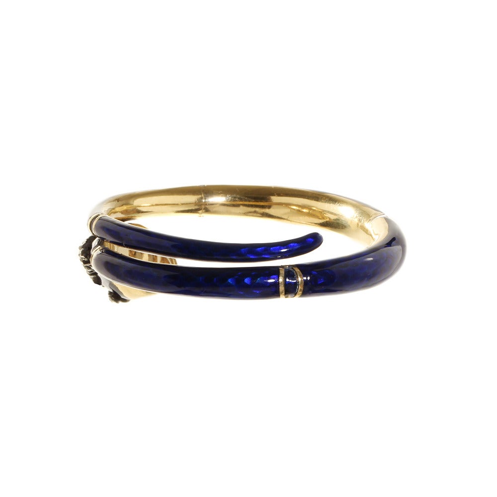 Victorian Era Blue Enamel & Diamond Snake Bracelet In Excellent Condition For Sale In Austin, TX