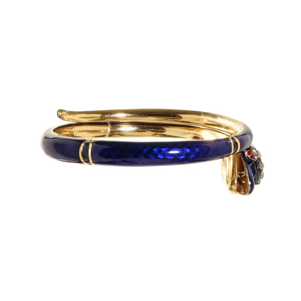 Women's Victorian Era Blue Enamel & Diamond Snake Bracelet For Sale