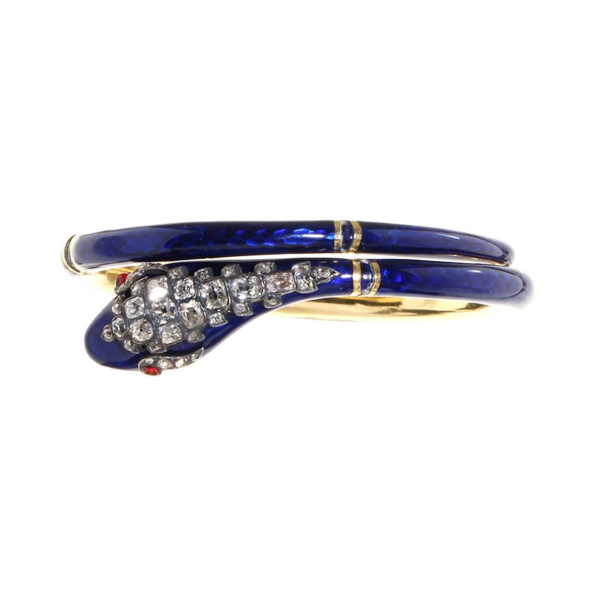 Victorian Era Blue Enamel & Diamond Snake Bracelet For Sale 1