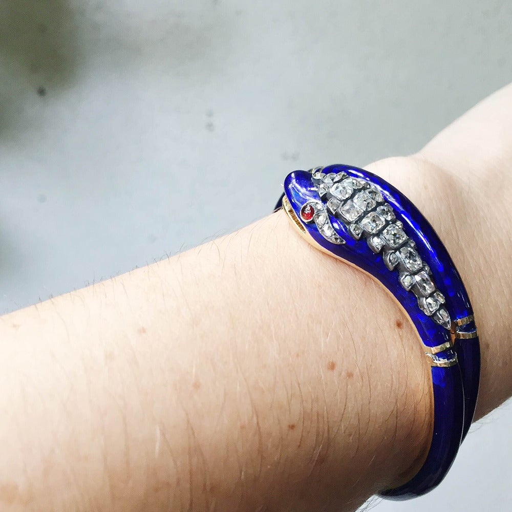 Victorian Era Blue Enamel & Diamond Snake Bracelet For Sale 2