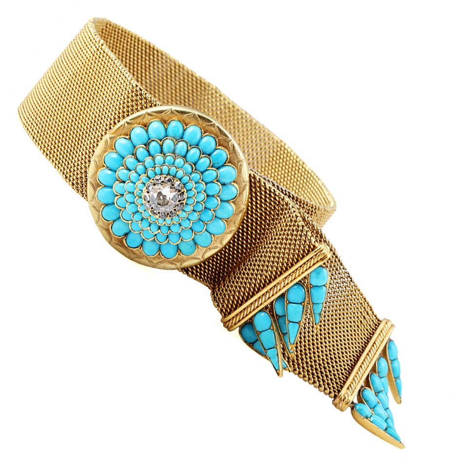 Victorian Turquoise Diamond Gold Mesh Bracelet