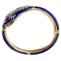 Antique Victorian Era Blue Enamel & Diamond Snake Bracelet
