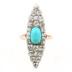 Antique Victorian Turquoise Old Mine Cut Diamond Gold Navette Ring