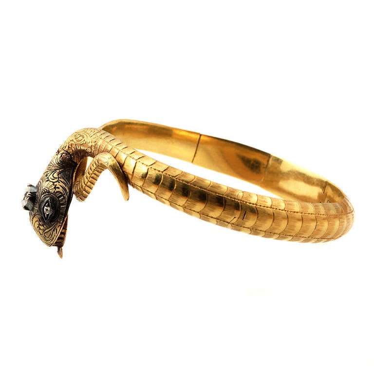 Women's Victorian Diamond Gold Locket Snake Bangle For Sale