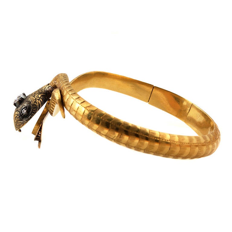 Victorian Diamond Gold Locket Snake Bangle For Sale 1