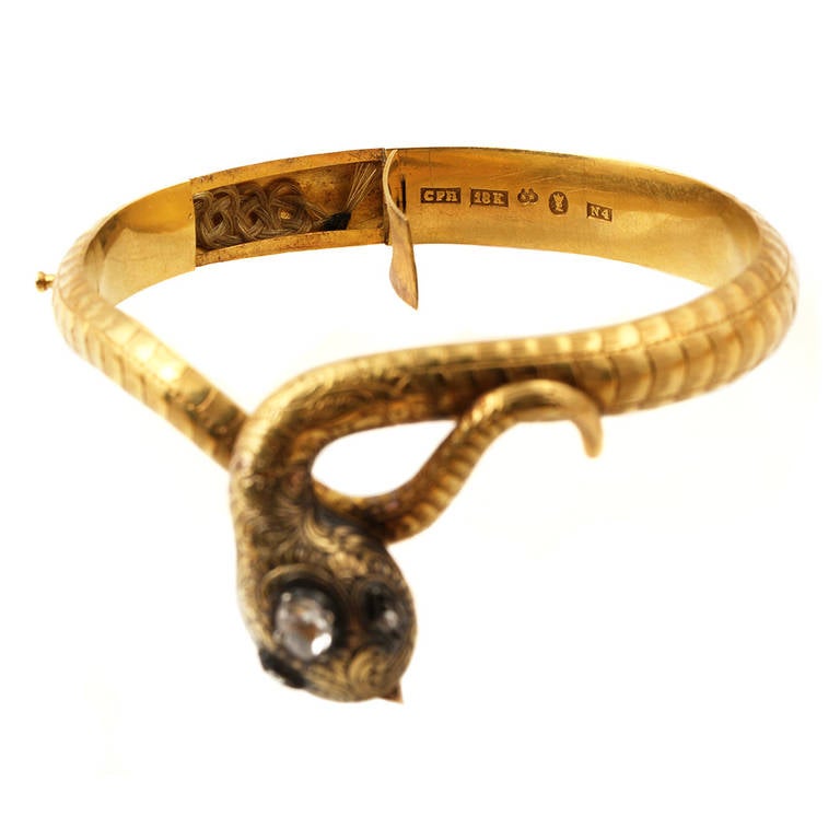 Victorian Diamond Gold Locket Snake Bangle For Sale 2