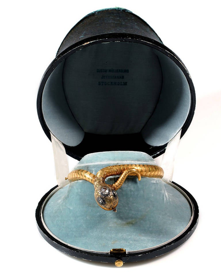 Victorian Diamond Gold Locket Snake Bangle For Sale 3