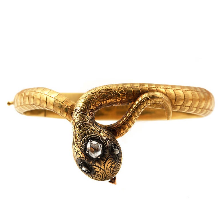 Victorian Diamond Gold Locket Snake Bangle For Sale