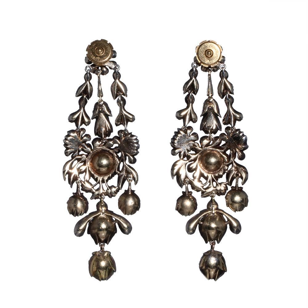 19th Century Rose Cut Diamond Silver Gold Dangle Earrings In Excellent Condition For Sale In Austin, TX