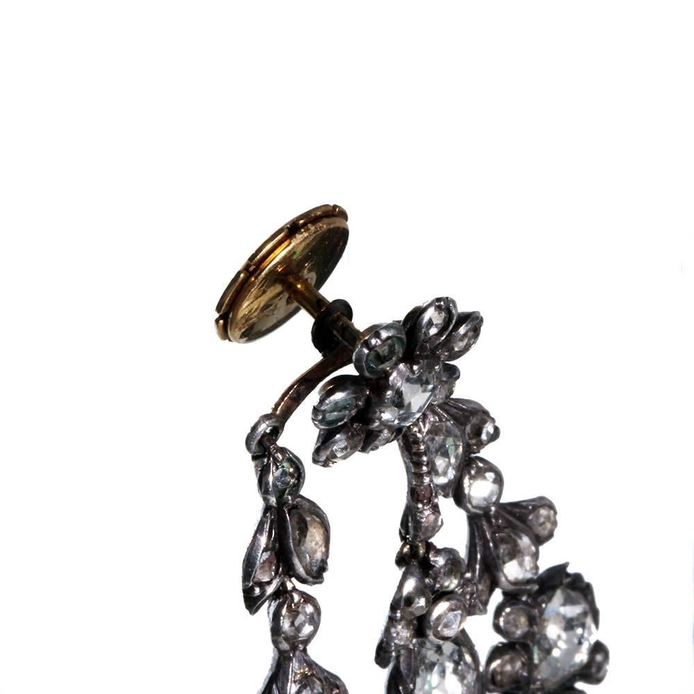 Women's 19th Century Rose Cut Diamond Silver Gold Dangle Earrings For Sale