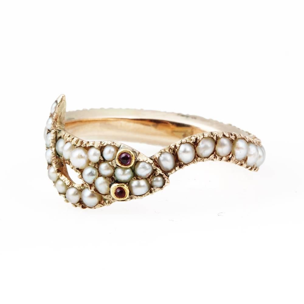 Women's Early 19th Century Pearl Garnet Gold Snake Ring