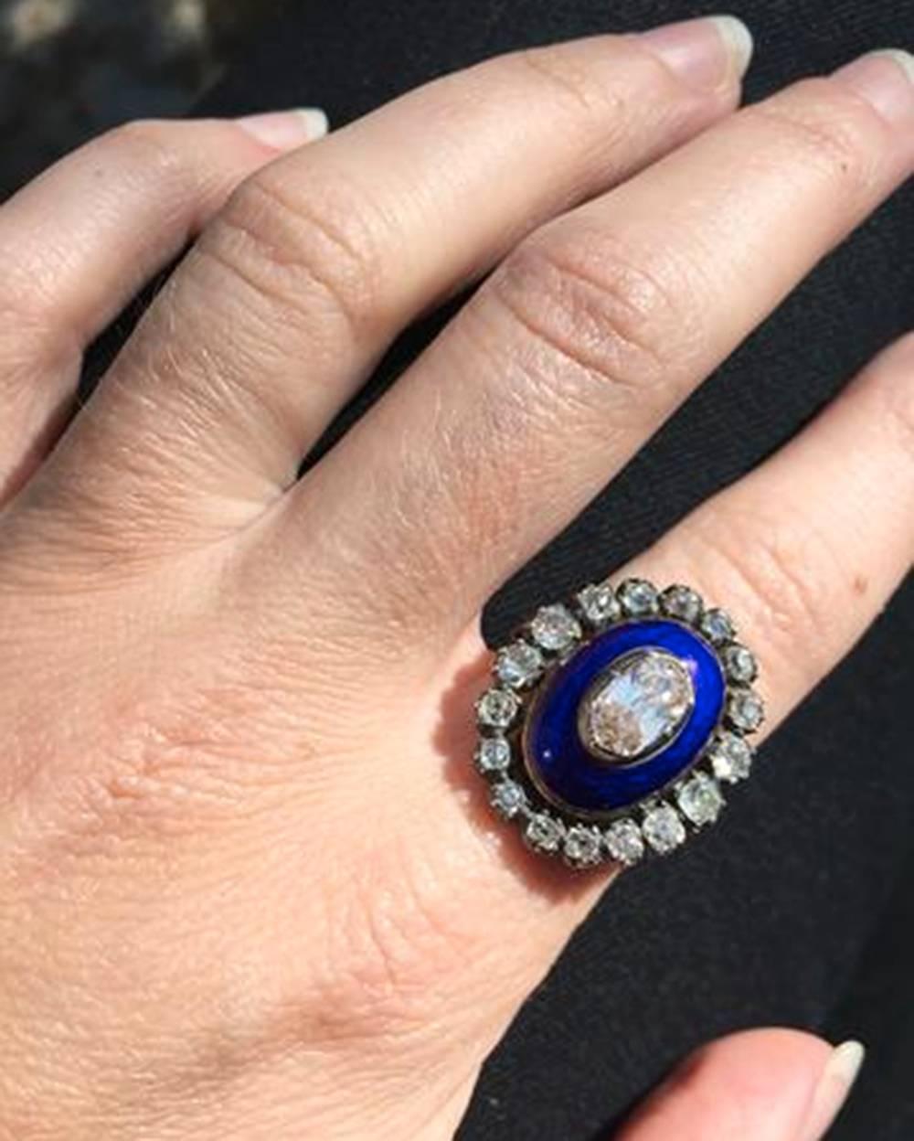 Women's Antique Georgian Old Mine Cut Diamond  Blue Enamel Ring For Sale
