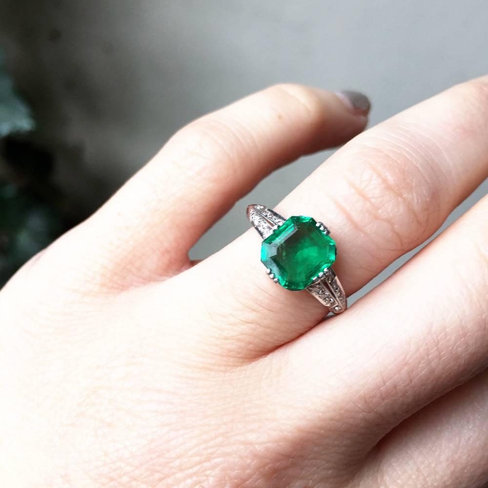  Tiffany & Co. Art Deco Emerald Diamond Platinum Ring 1