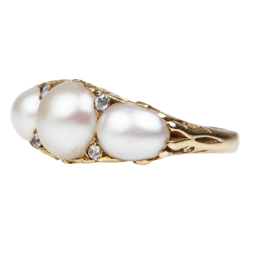 Antique Victorian Three Stone Pearl Diamond Gold Ring For Sale
