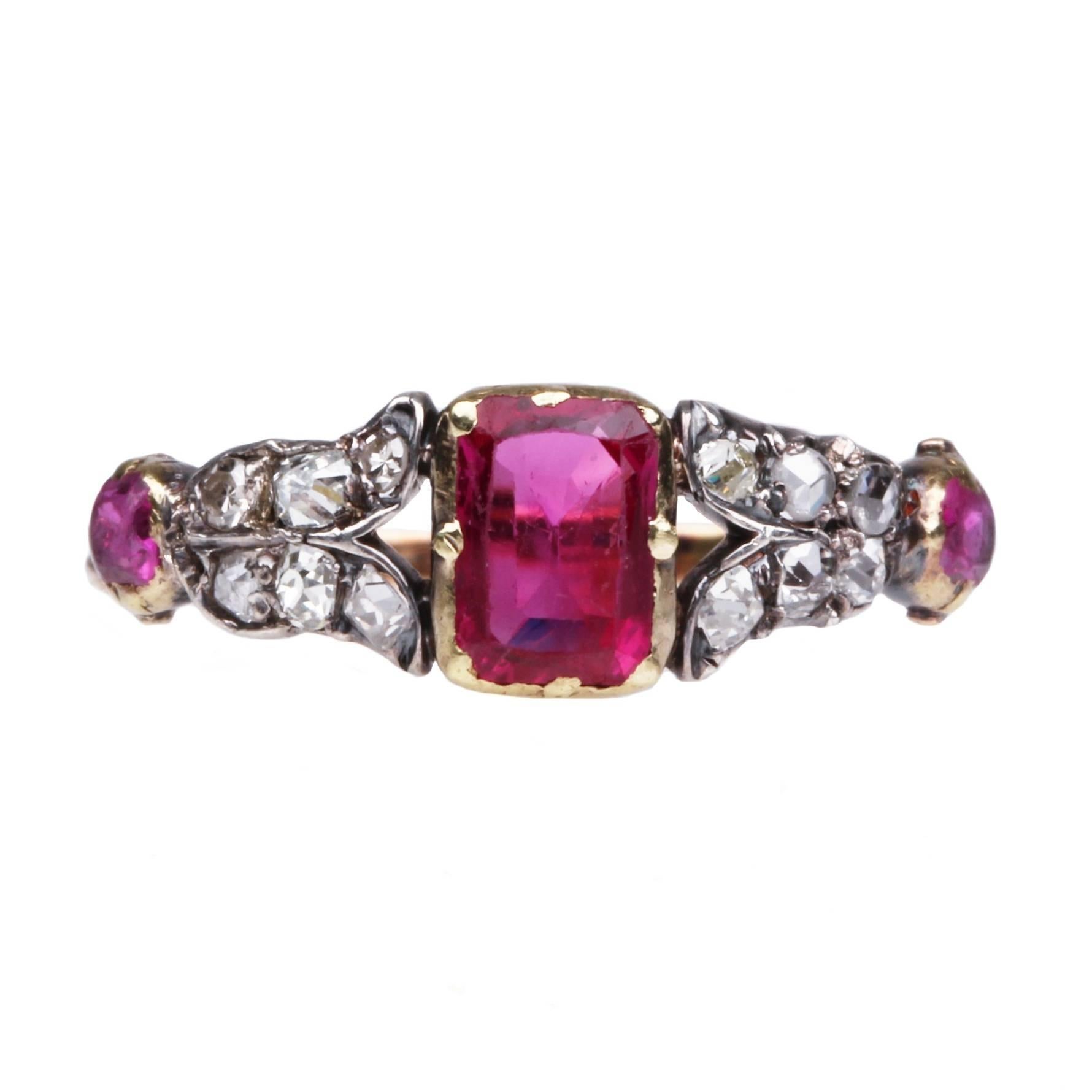 Victorian Emerald Cut Ruby and Diamond Ring For Sale
