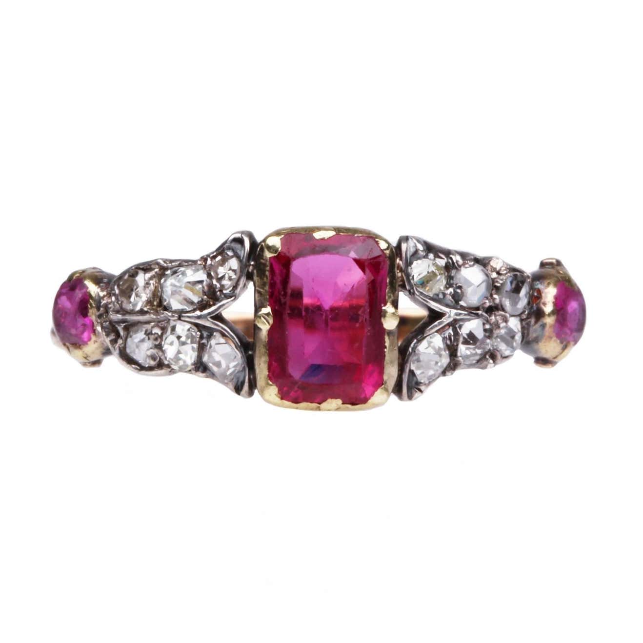 Victorian Emerald Cut Ruby and Diamond Ring For Sale at 1stDibs