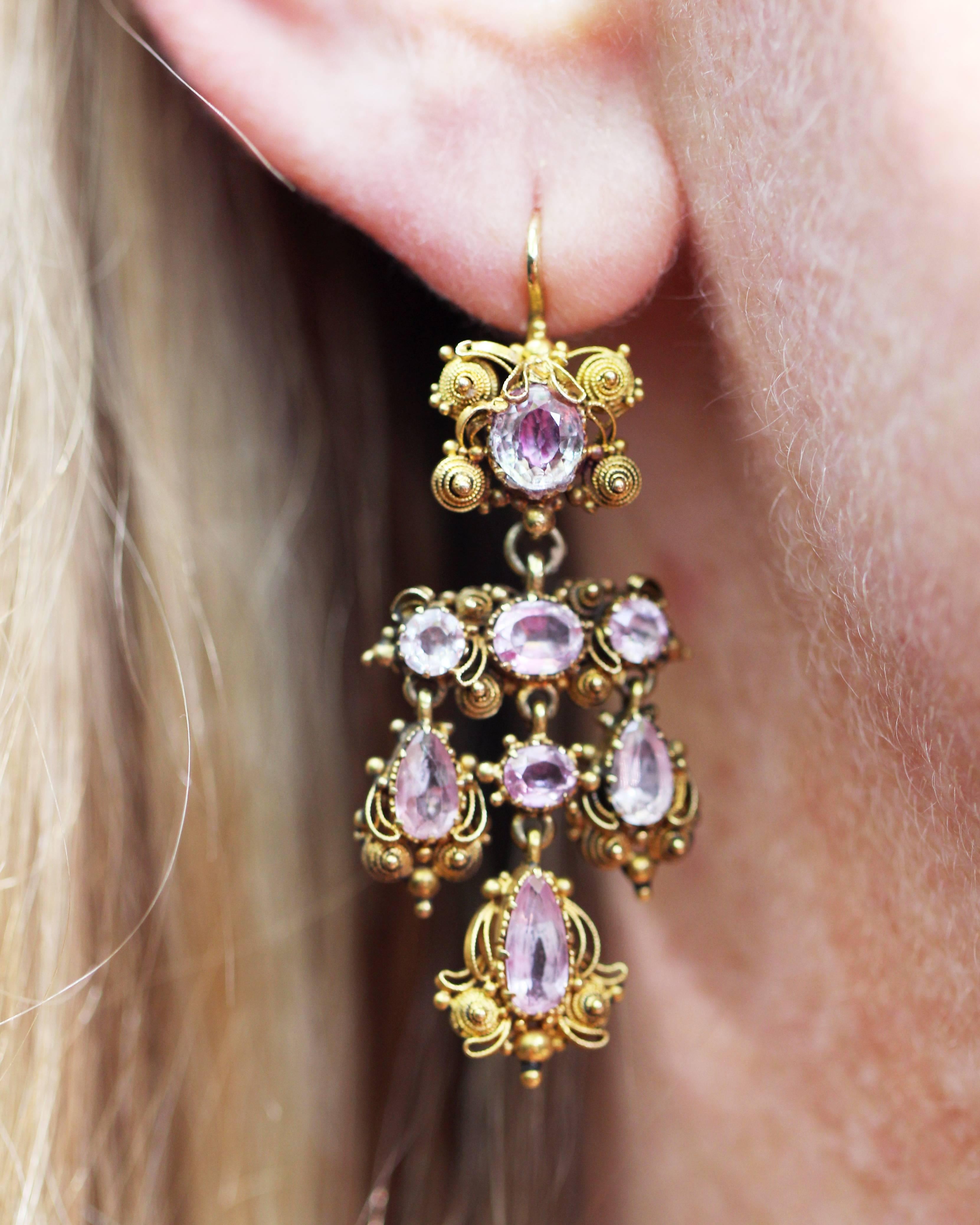 Women's or Men's 19th Century Gold Cannetille Pink Topaz Earrings For Sale