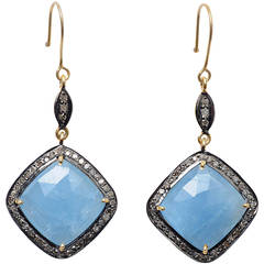 Faceted Aquamarine Pave Set Diamond Dangle Earrings