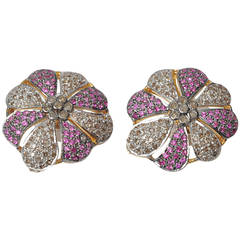 Pair of Pave Set Diamond and Ruby Flower Post Earrings