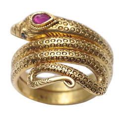 Ruby Sapphire Gold Textured Snake Ring at 1stDibs