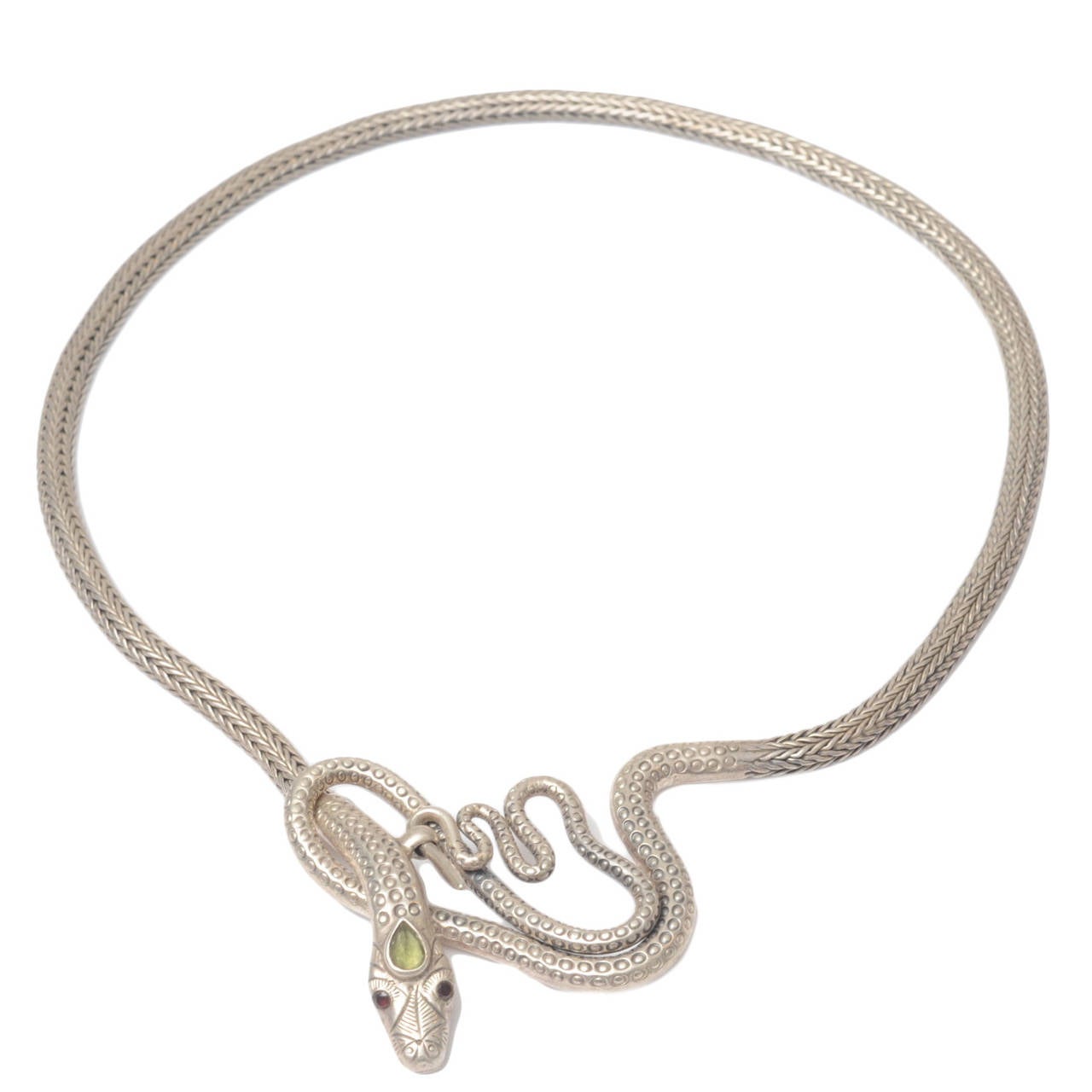 Woven Sterling Silver Snake Necklace with Peridot Third Eye