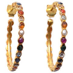 Gold Hoop Earrings Set with Precious and Semi-Precious Stones