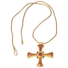 Enamel Ruby and 22K Gold Byzantine Cross on Hand-Woven 22K Gold Chain