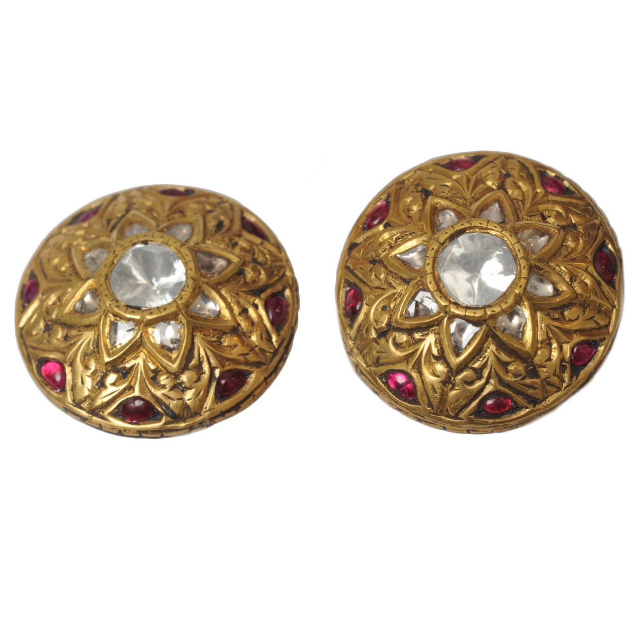 22 Karat Gold Rosecut Diamond Cabochon Ruby Earrings, circa 1960s