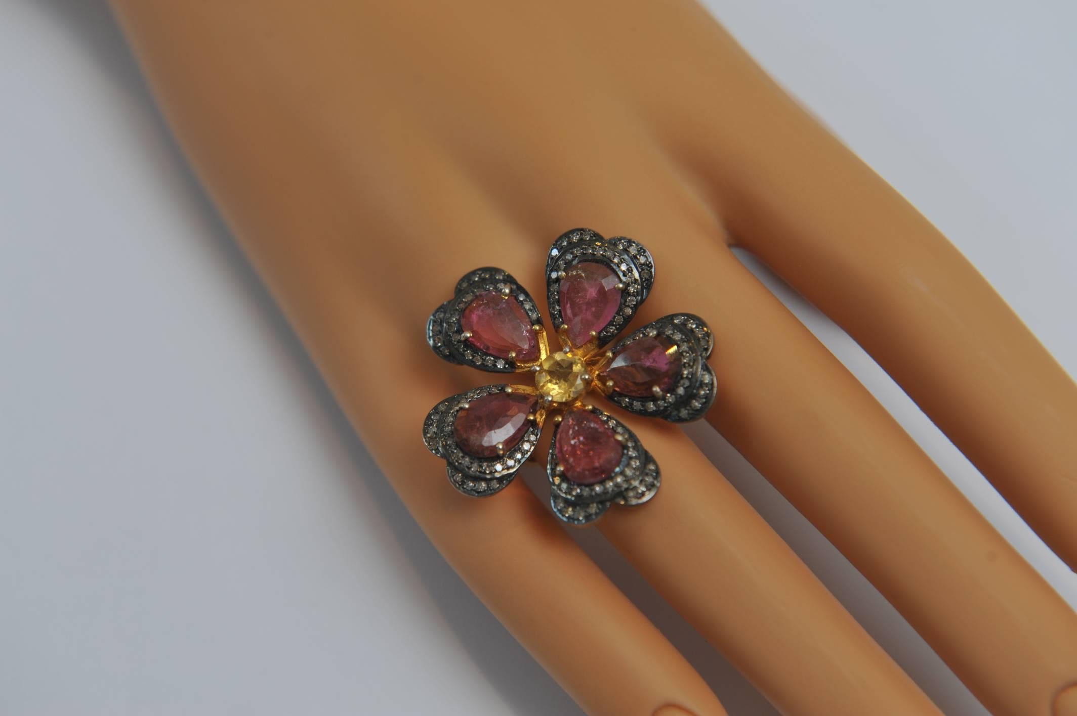 Tourmaline Diamond Sterling Silver Flower Cocktail Ring In Excellent Condition In Nantucket, MA