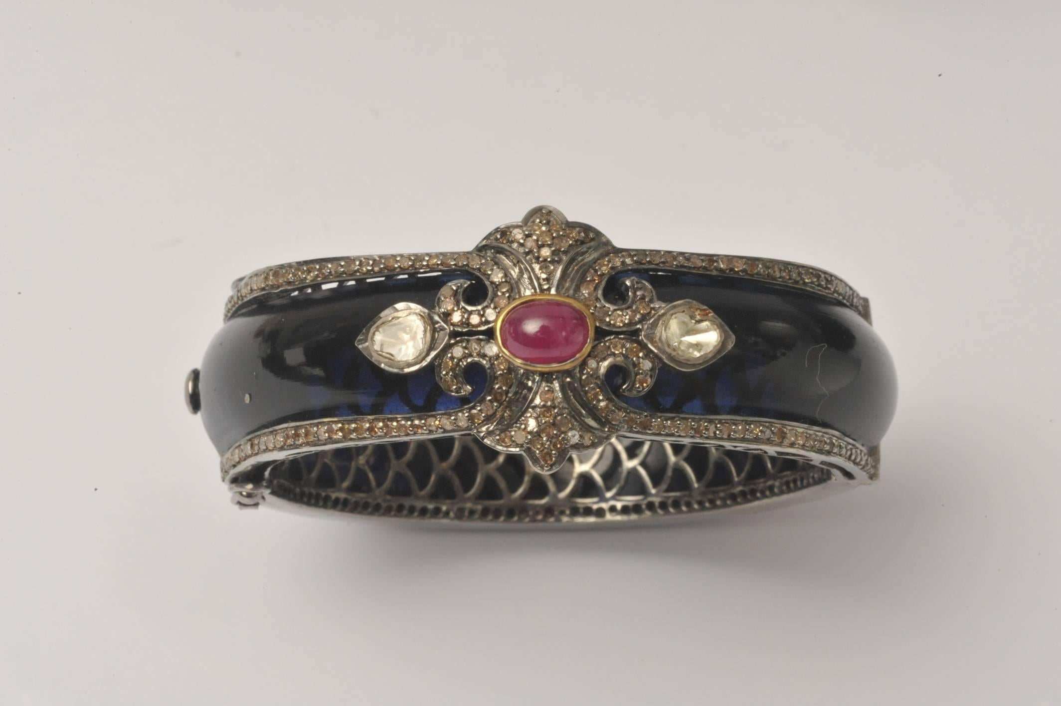 Anglo-Indian Black Bakelite ruby diamond silver Bracelet