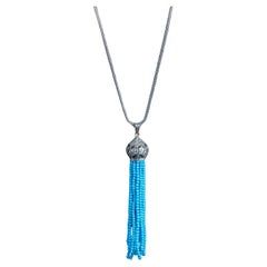 Long collier pendentif à pompon en diamants et turquoises sur chaîne en argent sterling