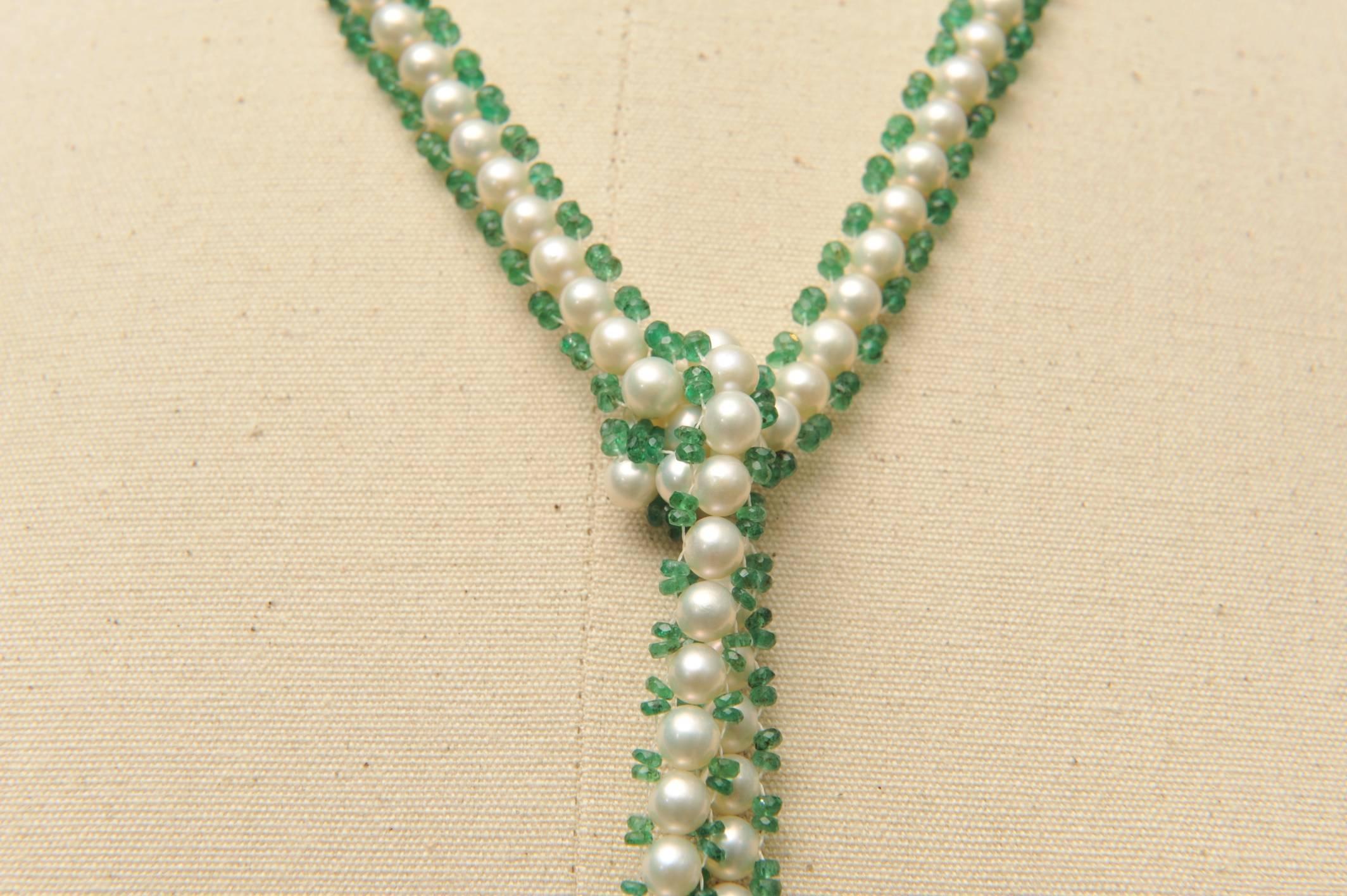 Emerald Pearl Diamond Gold Rondelle Lariat Necklace In Excellent Condition In Nantucket, MA