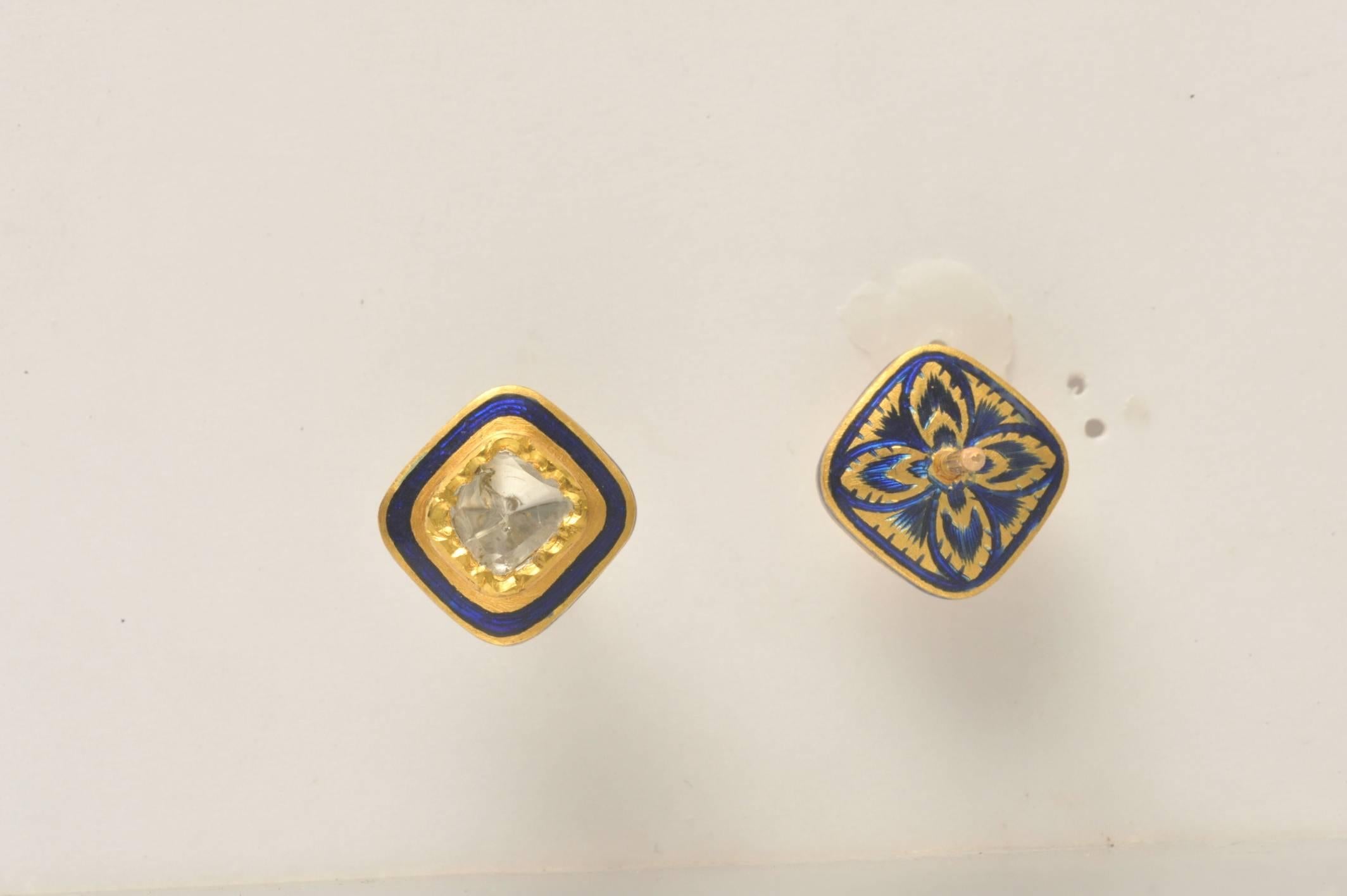Classic, but a little left of center, rose cut diamond post earrings set in 22K gold, bordered in blue enamel with designed enamel work on the reverse.  What's next to your skin should be a beautiful as the outward facing earring...