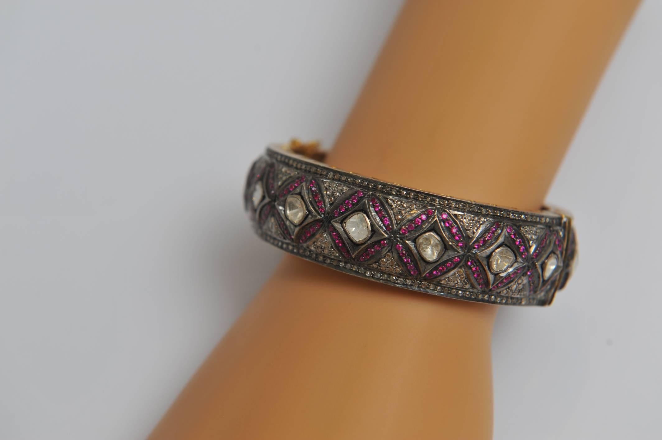 Rosecut Diamonds and Pave`- Set Ruby Hinged Bracelet In Excellent Condition In Nantucket, MA