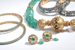 Rare Rosecut Diamonds, Faceted Emerald and 22 Gold Earrings from India, C.1940's