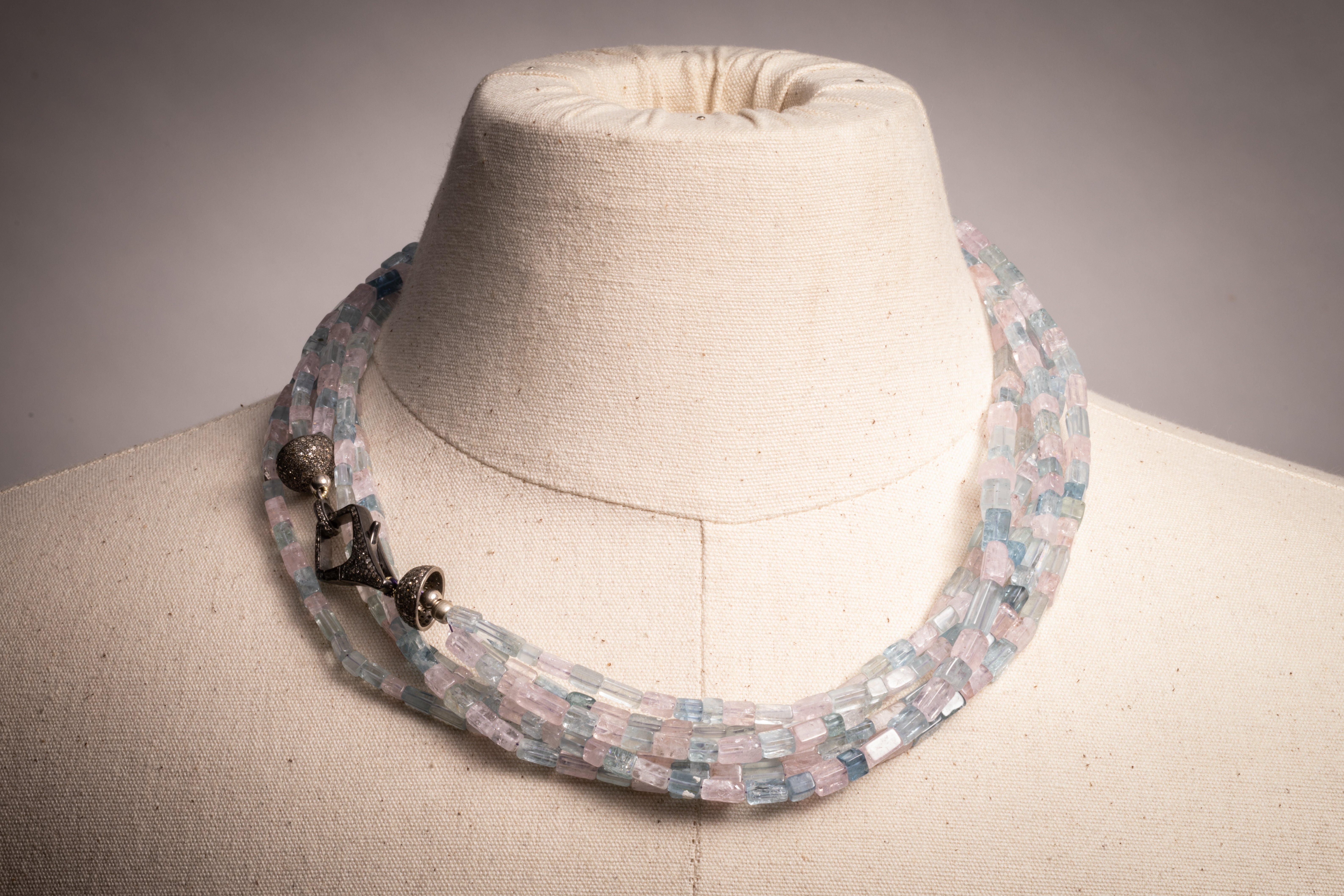 Aquamarine and Morganite Multi-Strand Necklace with Diamond Clasp For Sale
