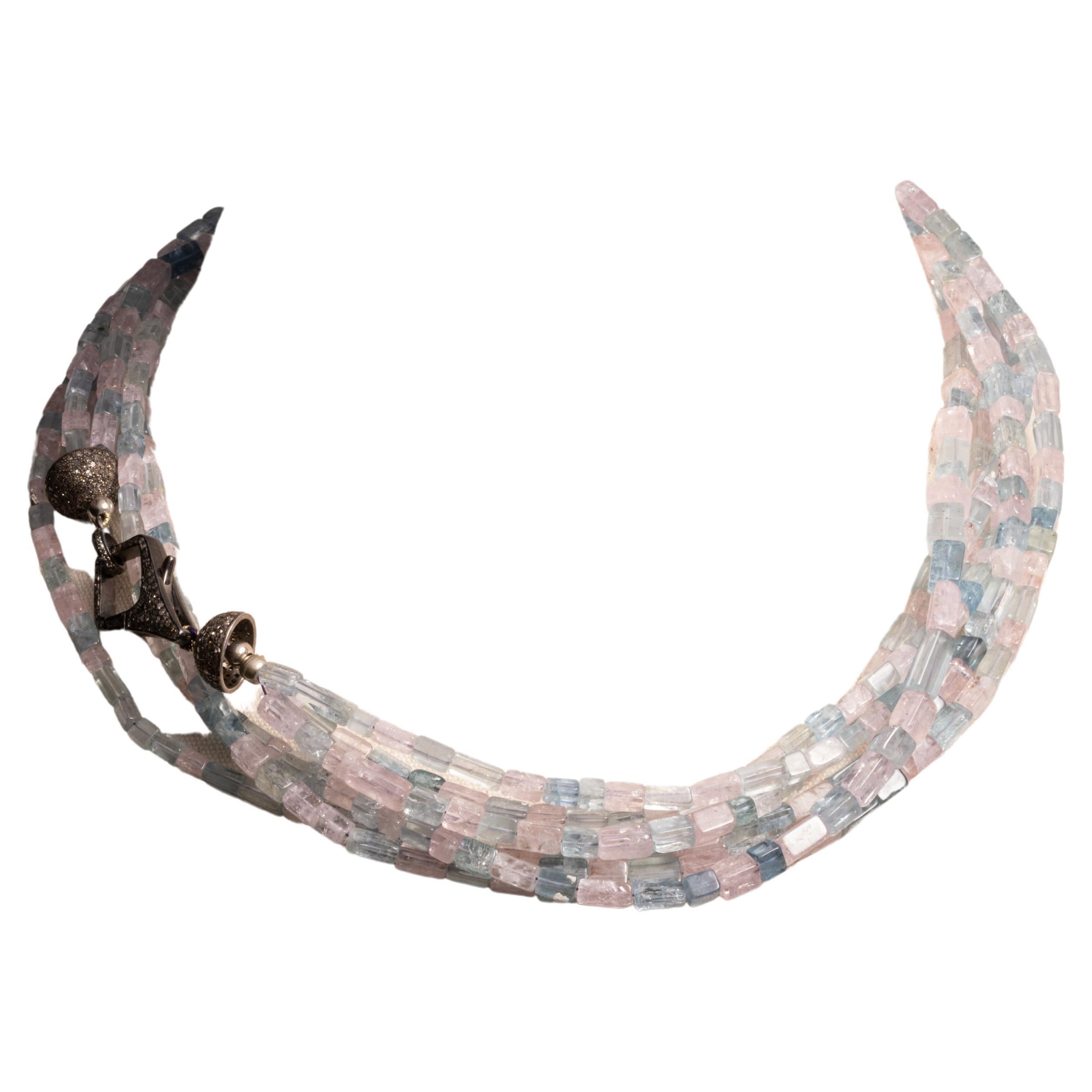 Aquamarine and Morganite Multi-Strand Necklace with Diamond Clasp