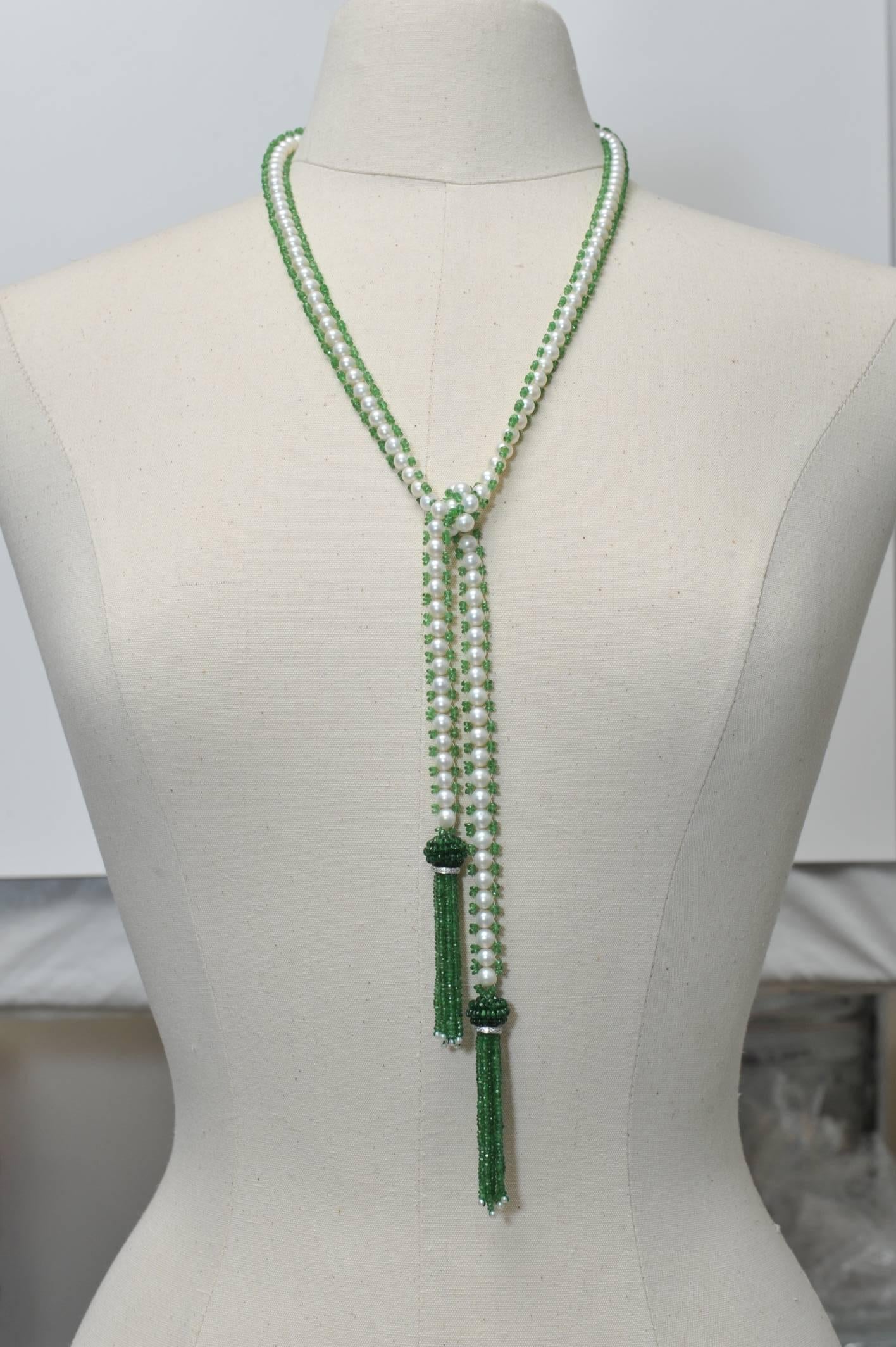 Women's or Men's Tsavorite Pearl Diamond Gold Lariat Necklace
