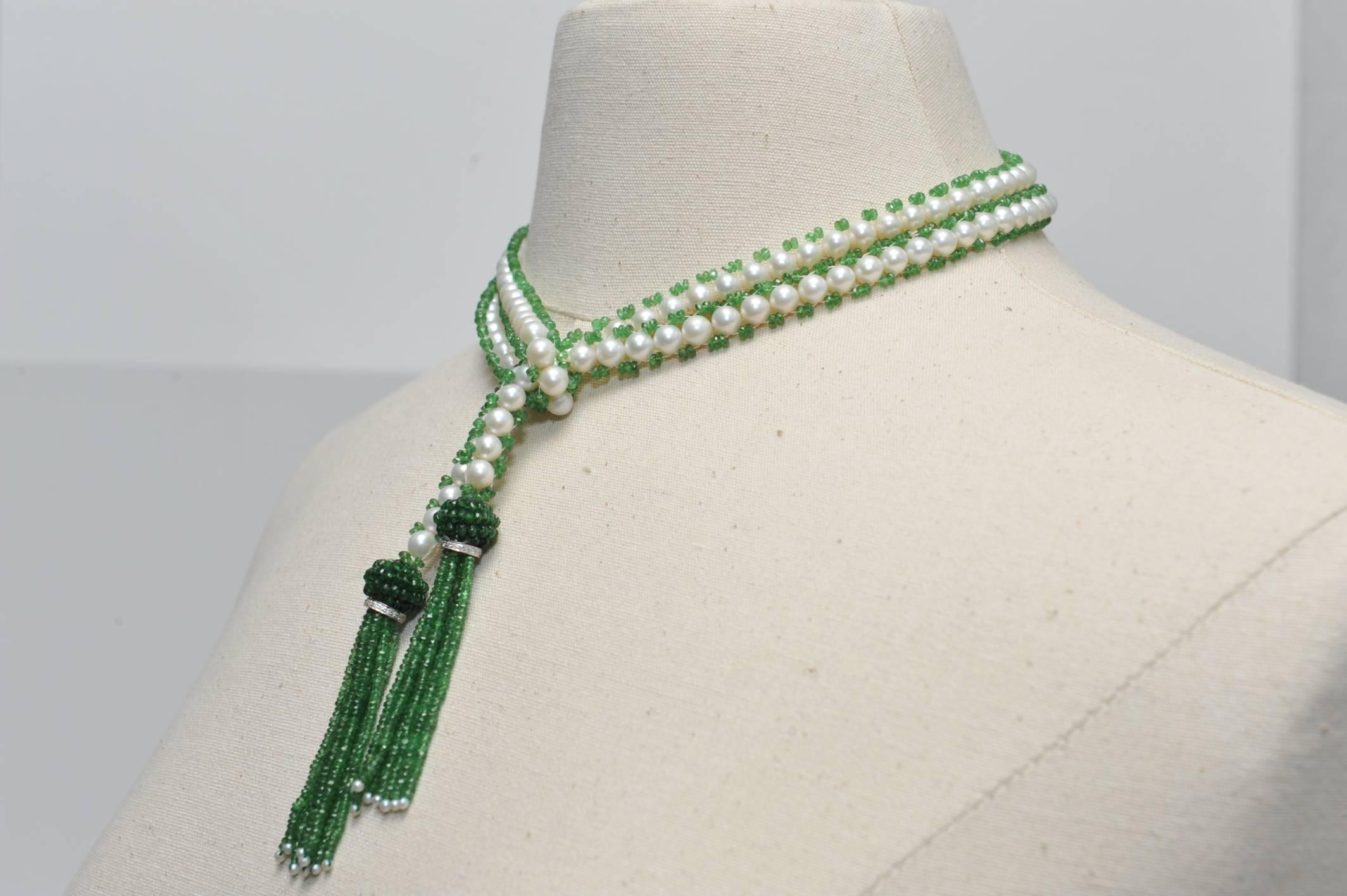 Tsavorite Pearl Diamond Gold Lariat Necklace In Excellent Condition In Nantucket, MA