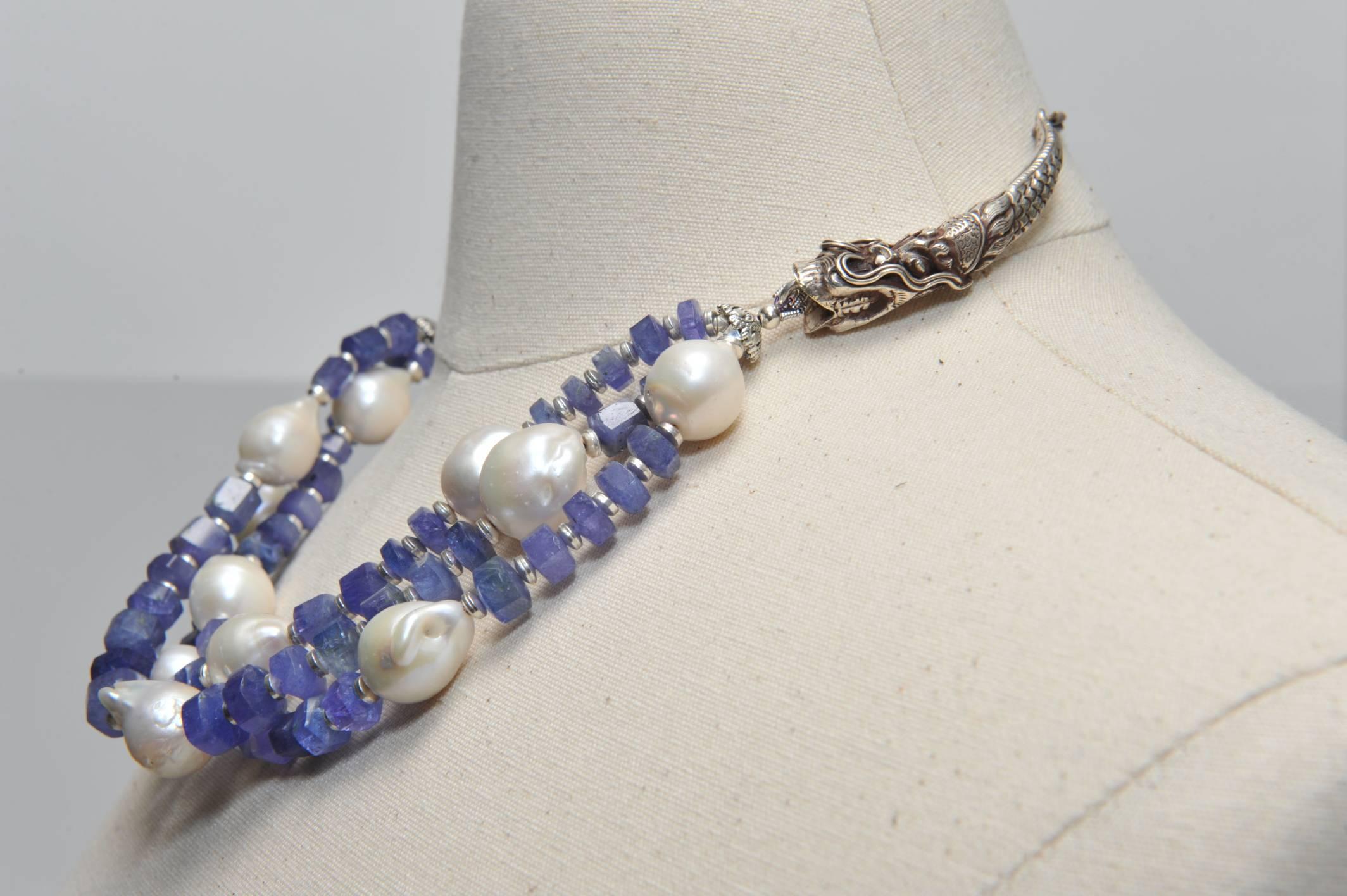 Triple Strands Necklace of Tanzanite, Baroque Pearl and Sterling Dragons In Excellent Condition In Nantucket, MA