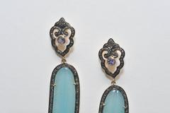 Carved Chalcedony Tanzanite Diamond Silver Feather Earrings