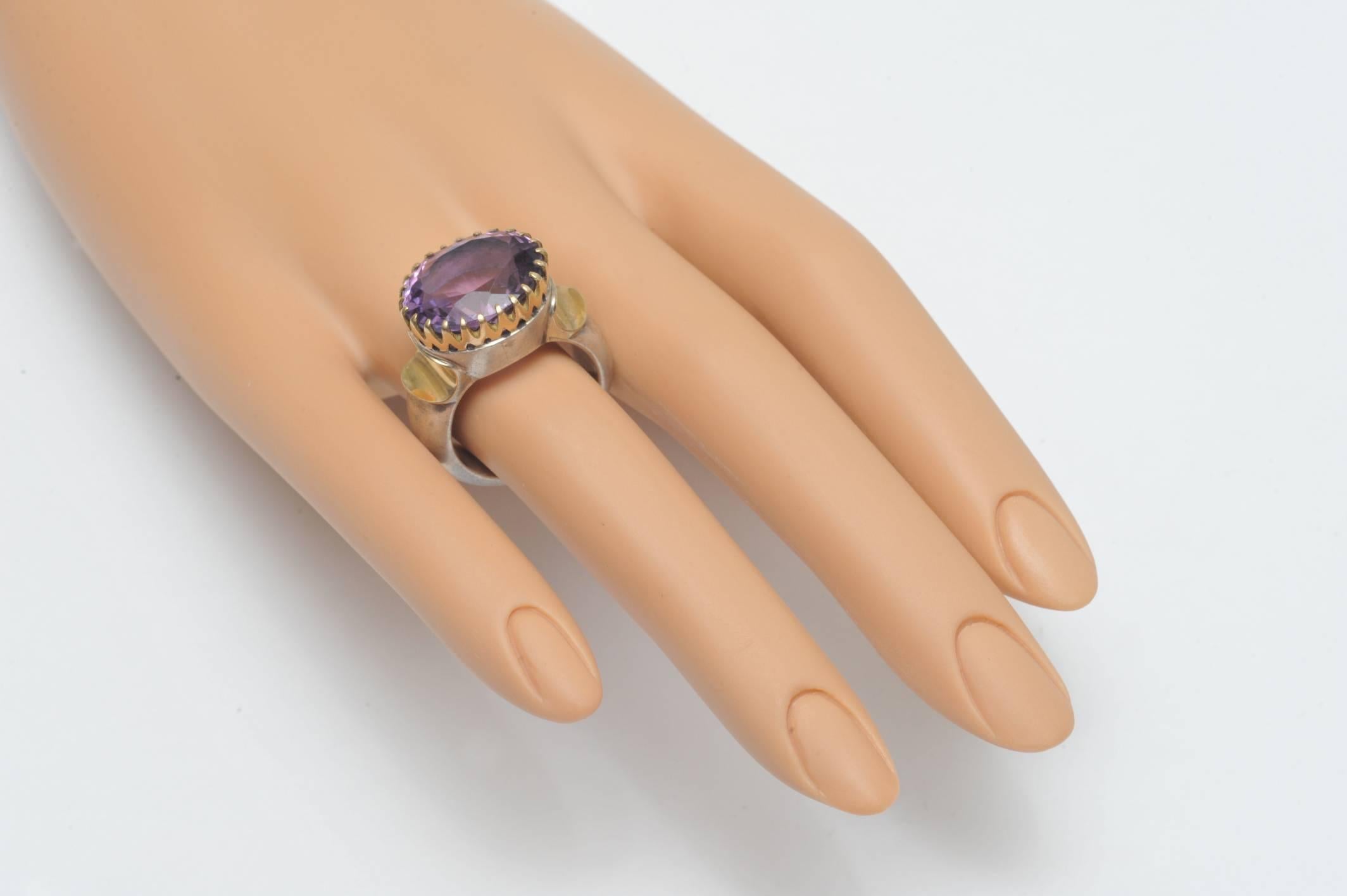 Sterling Silver and 18 Karat Gold Ring with Bezel-Set Faceted Amethyst In Excellent Condition In Nantucket, MA