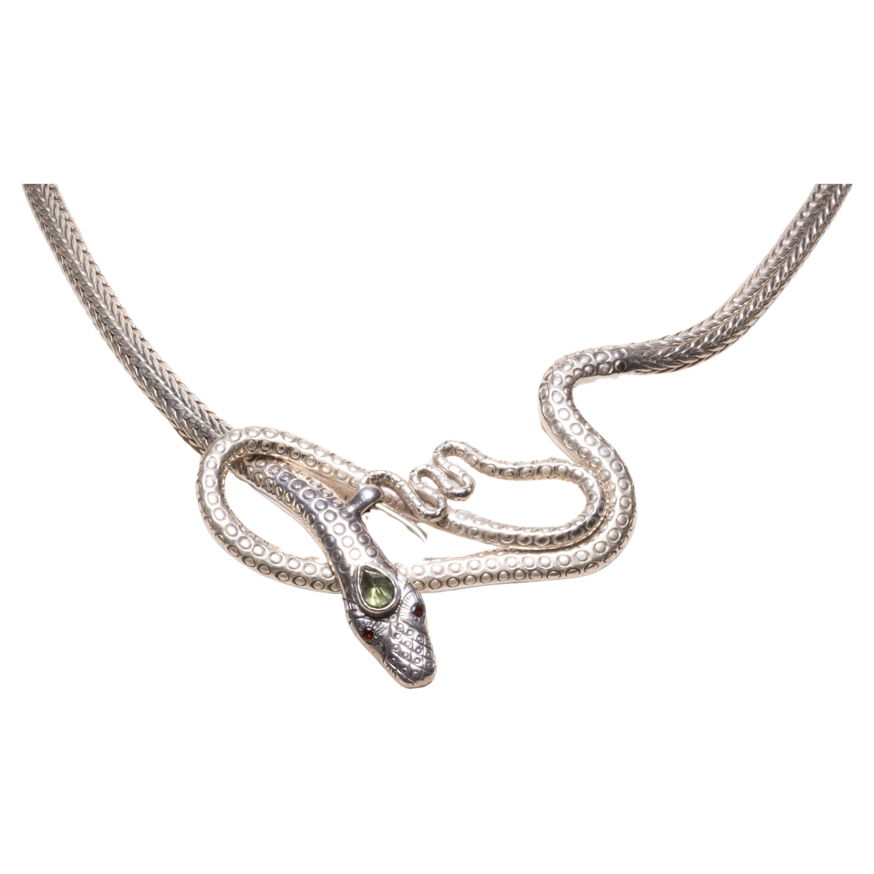 Sterling Silver Snake Chain Necklace with Peridot For Sale